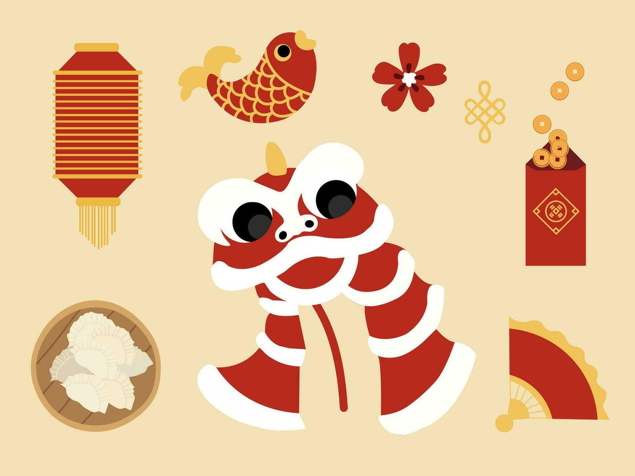 gelukkig Chinese nieuw jaar met viering decoraties set. vector
