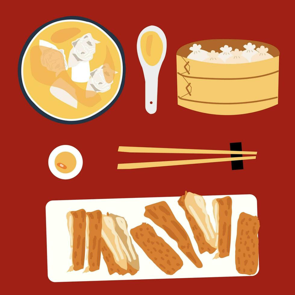 Chinese traditioneel voedsel met gestoomd knoedels, wonton soep en varkensvlees buik verzameling. vector