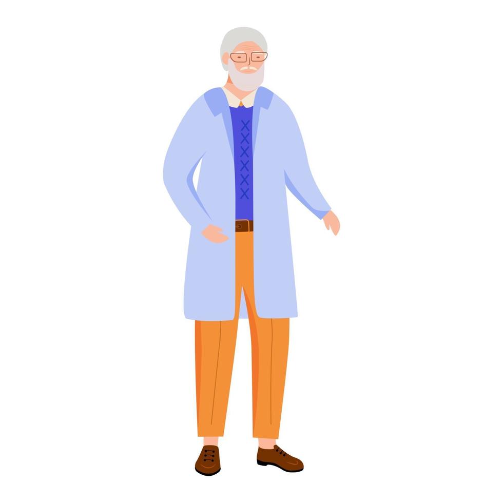 universiteit scheikunde professor platte vectorillustratie. oudere man in blauwe laboratoriumjas. oude wetenschapper die een bril draagt. school wetenschap leraar geïsoleerde stripfiguur op witte achtergrond vector