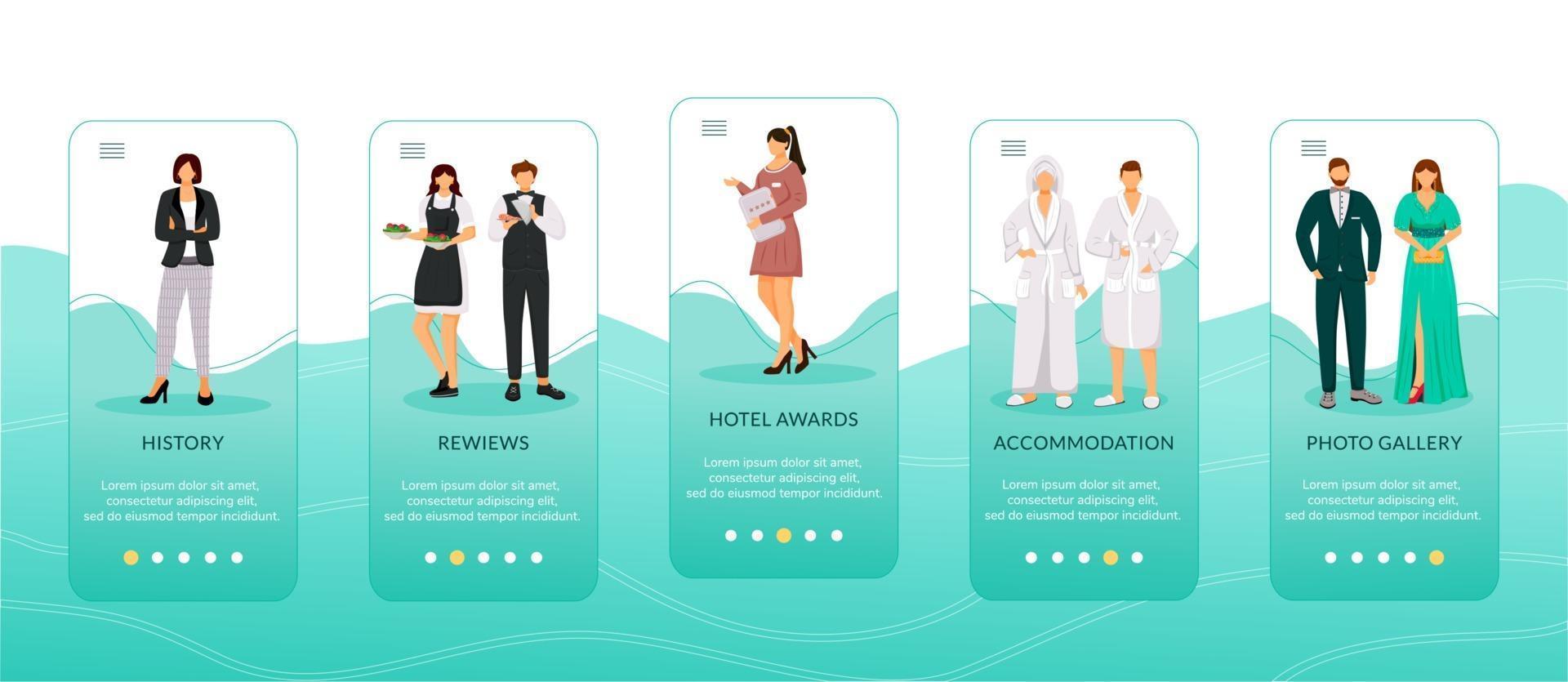 boeking onboarding mobiele app scherm vector sjabloon. walkthrough reiswebsite stappen met platte karakters. hotelaccommodatie, bedienend personeel. ux, ui, gui smartphone cartoon interface concept