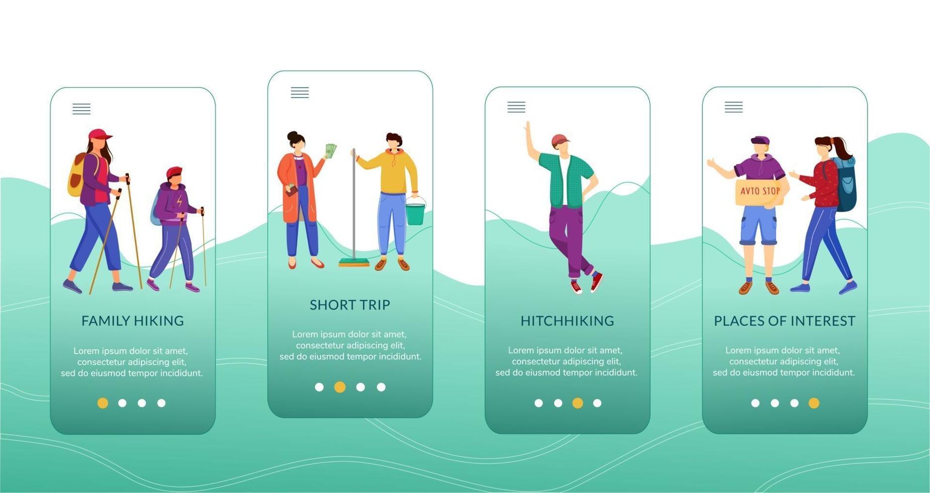 budget toerisme onboarding mobiele app scherm vector sjabloon. goedkope reisideeën. walkthrough website stappen met platte karakters. ux, ui, gui smartphone cartoon interface concept