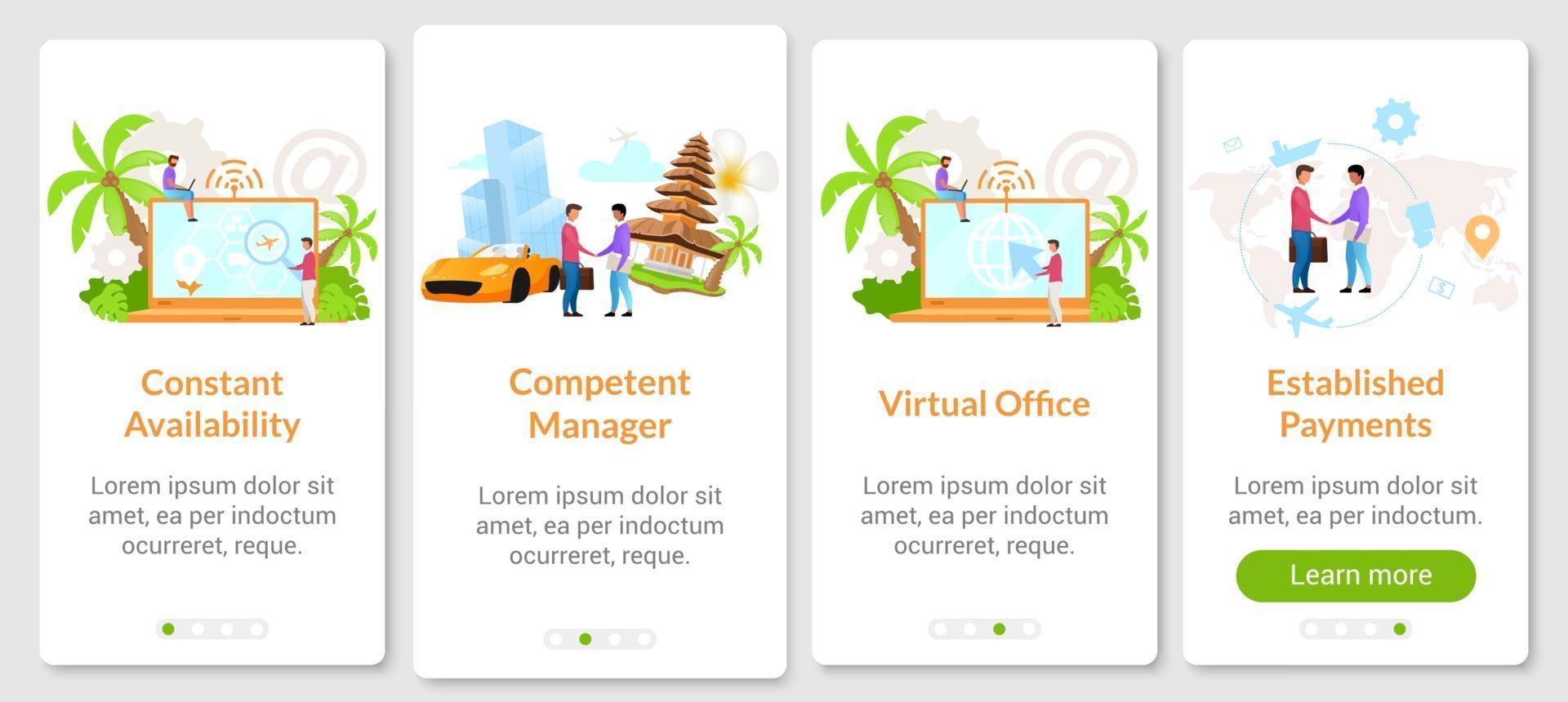 Indonesische zakelijke onboarding mobiele app scherm vector sjabloon. virtueel kantoor, internetprovider. walkthrough website stappen met platte karakters. ux, ui, gui smartphone cartoon interface concept
