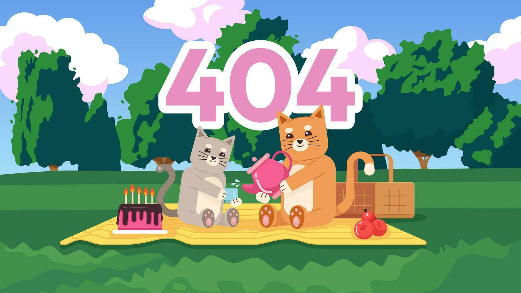 kittens in picknick schattig kilte zie fi behang fout 404 flash bericht. drinken thee in park. bladzijde niet gevonden tekenfilm tekens illustratie, lofi anime achtergrond. 90s kawaii stijlvol, dromerig gevoel vector