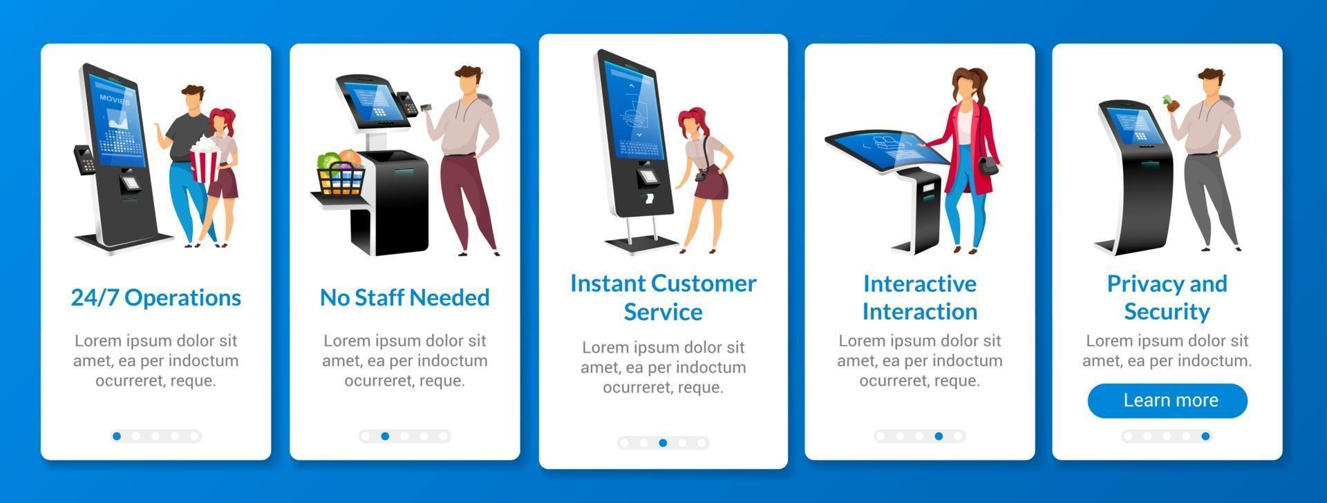 instant klantenservice onboarding mobiele app scherm platte vector sjabloon. zelfbestelling kiosk walkthrough website stappen met karakters. digital signage ux, ui, gui smartphone cartoon-interface