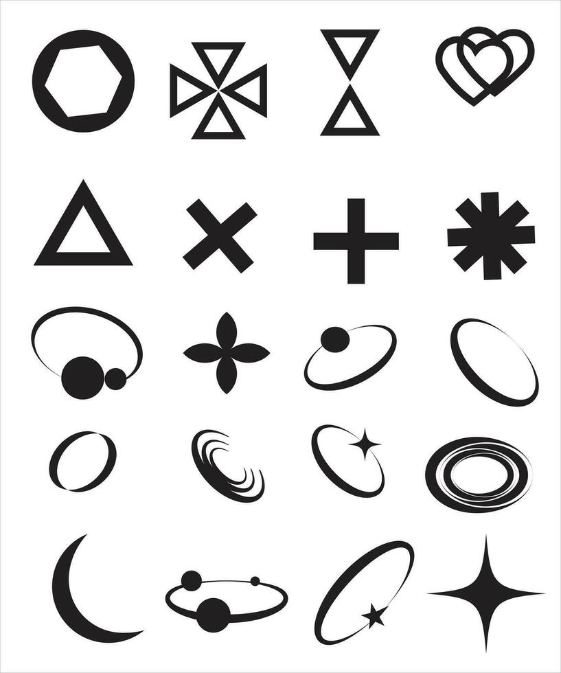 retro futuristische elementen voor ontwerp. groot verzameling van abstract grafisch meetkundig symbolen en voorwerpen in y2k stijl vector