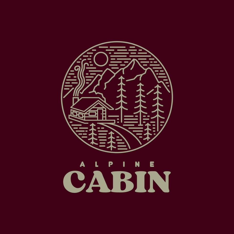 houten cabine in de Woud, heuvels Bij de stil nacht. lijn kunst stijl logo vector