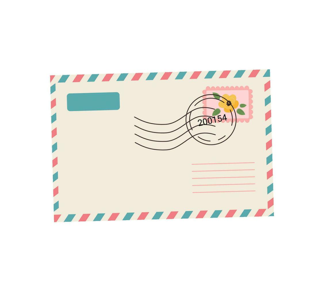 Gesloten luchtpost envelop met postzegels en zegels. papier mail correspondentie. vector