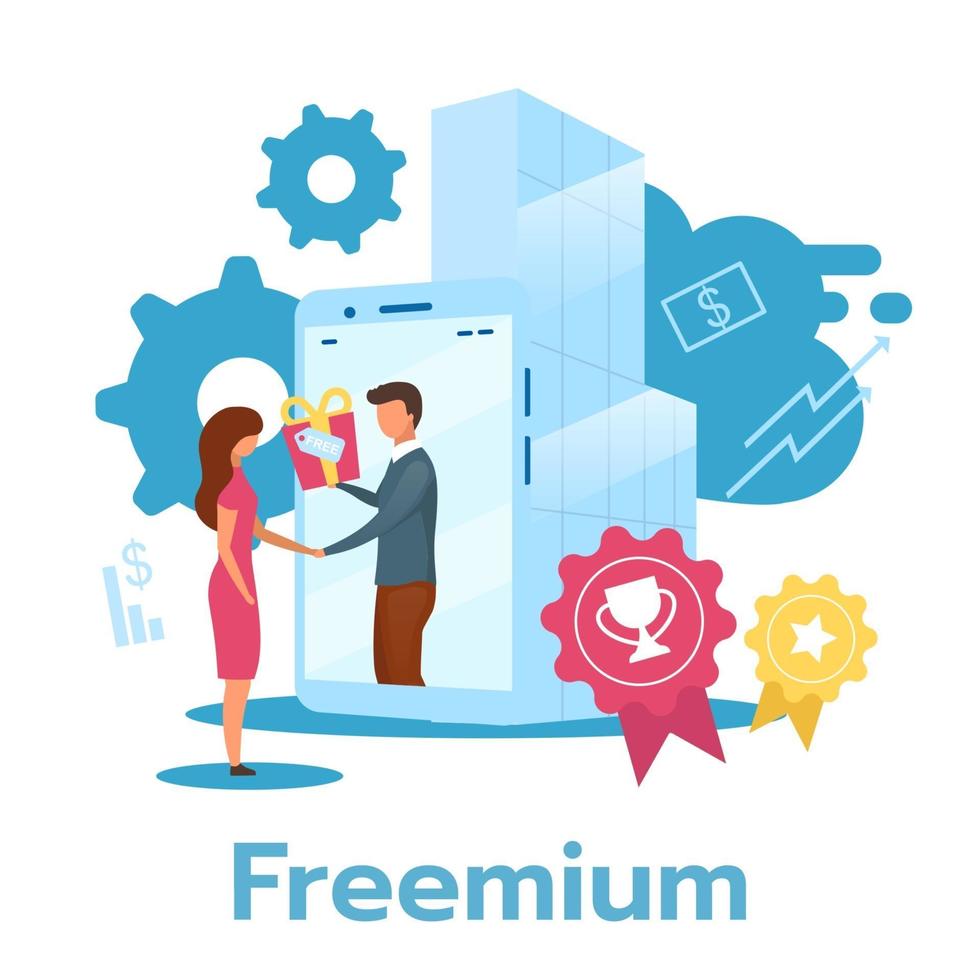 freemium platte vectorillustratie. gratis productproefperiode. software versie. prijsstrategie. abonnement dienst. bedrijfsmodel. gedeeltelijke toegang. geïsoleerde stripfiguur op witte achtergrond vector