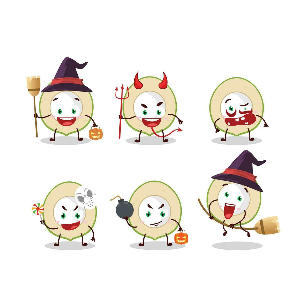 halloween uitdrukking emoticons met tekenfilm karakter van plak van groen kokosnoot vector