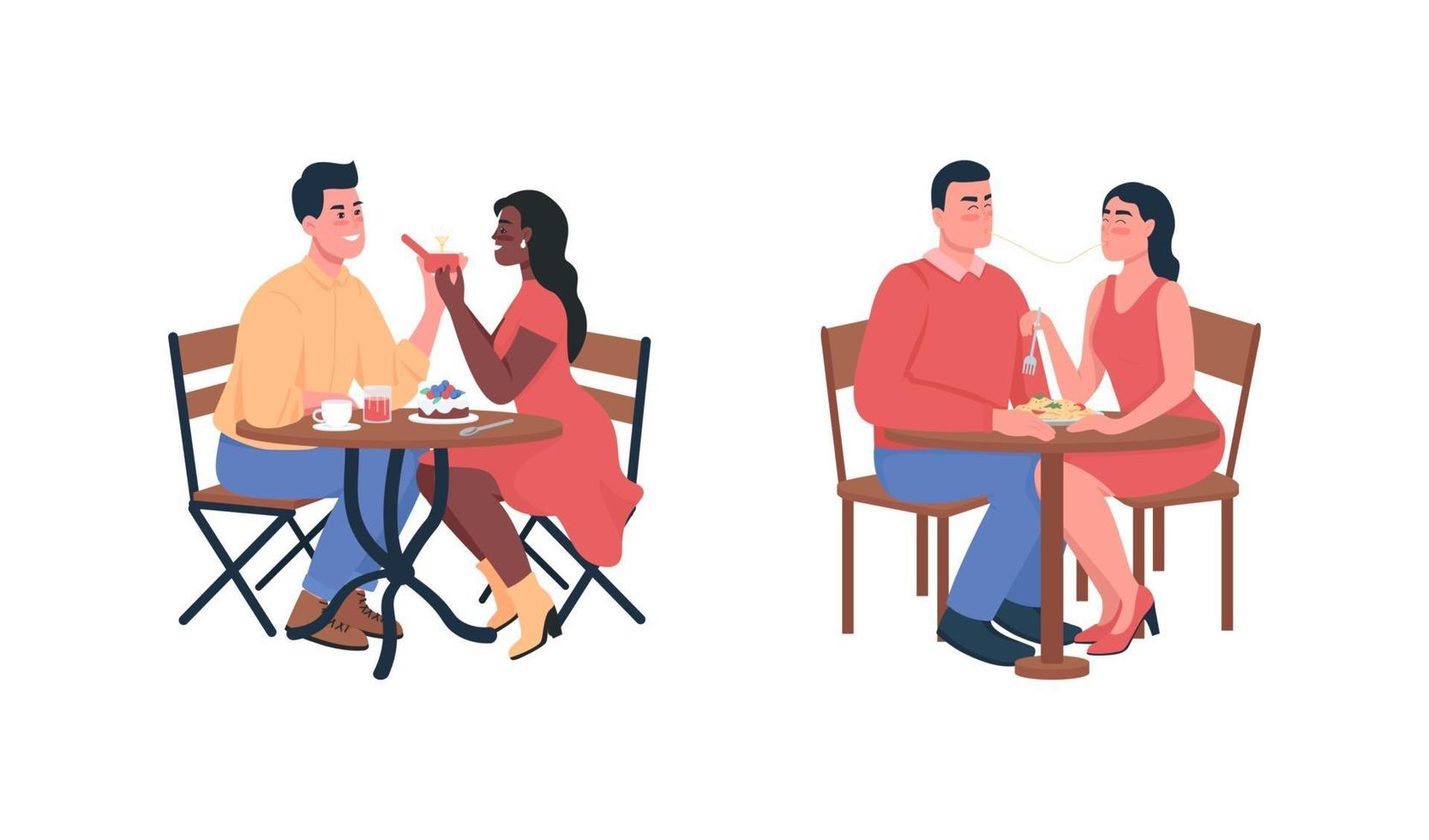 paar tijdens romantisch diner egale kleur vector gedetailleerde tekenset