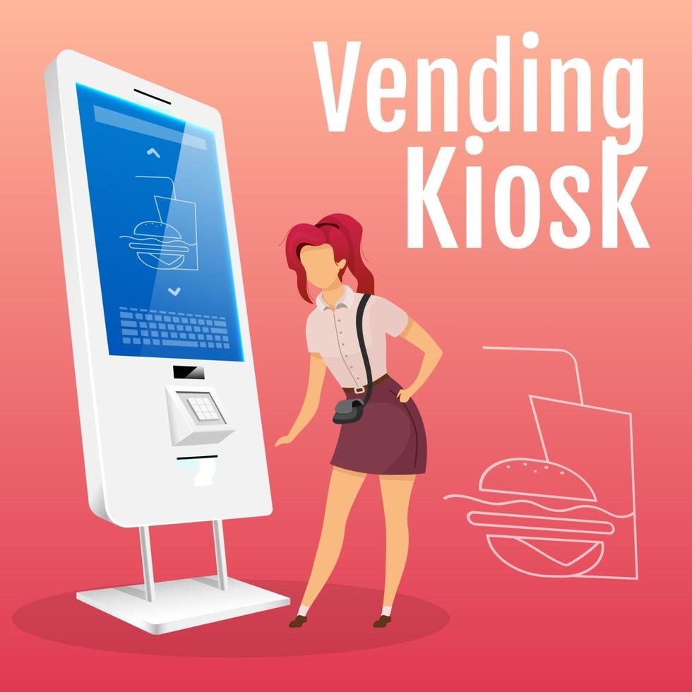 vending kiosk social media post mockup. vrouw eten bestellen. zelfbestelling service webbanner ontwerpsjabloon. fastfood verkopende machine-inhoudslay-out met inscriptie. print advertenties en platte illustratie vector