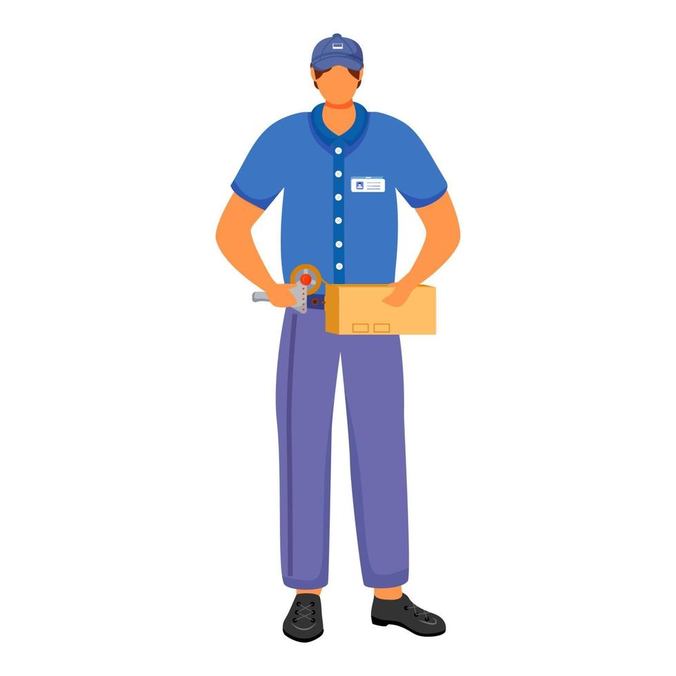 postkantoor mannelijke werknemer egale kleur vectorillustratie. man pakt pakketten in voor verzending. postservice levering. man in blauw uniform geïsoleerd met plakband stripfiguur op witte achtergrond vector