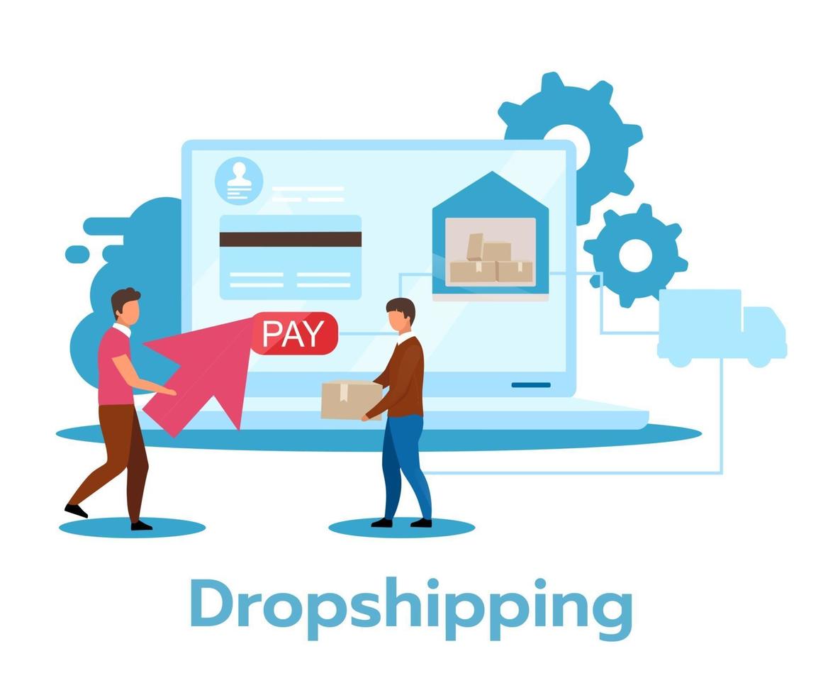 dropshipping platte vectorillustratie. retail fulfilment methode. verkoop strategie. minimale investering. e-commerce. internet winkel. bedrijfsmodel. geïsoleerde stripfiguur op witte achtergrond vector