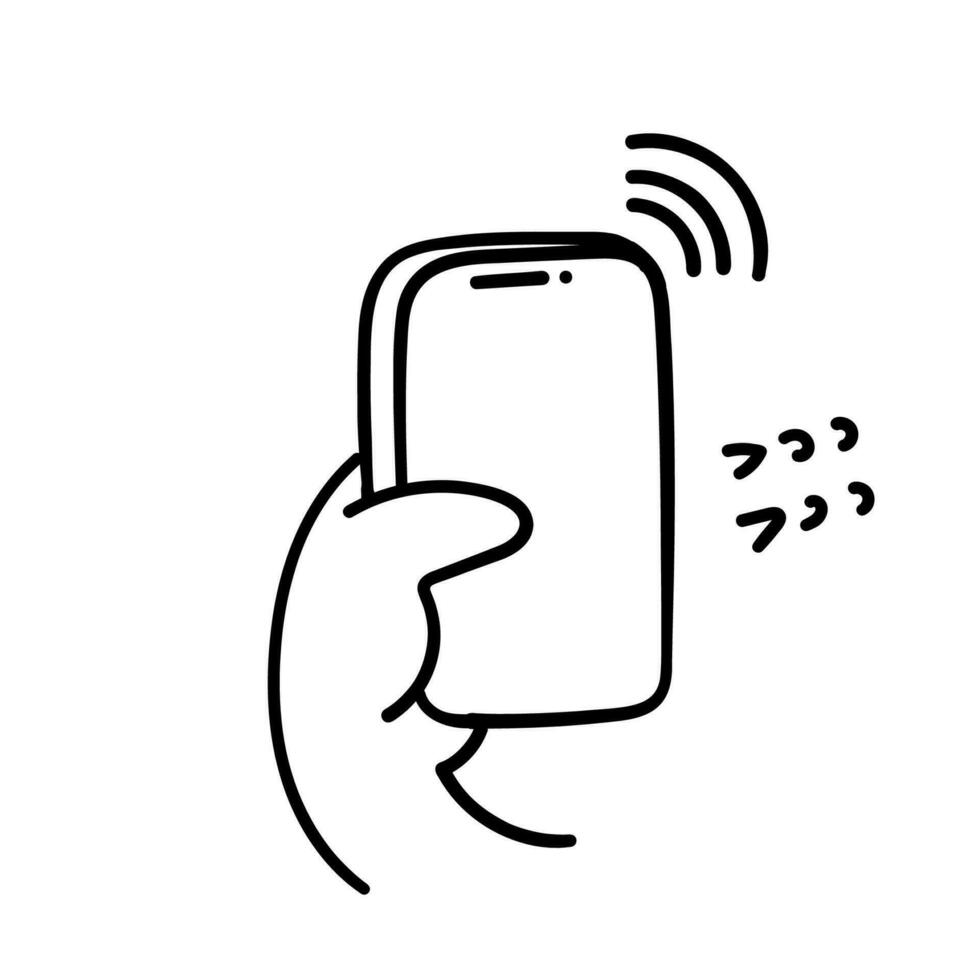hand- getrokken tekening cel telefoon met netwerk signaal vector
