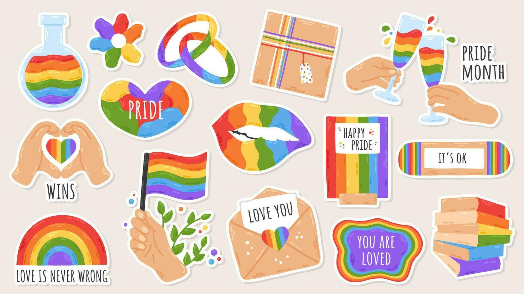 lgbt trots gemeenschap sticker pak Aan wit achtergrond. regenboog hand- getrokken vlak tekenfilm elementen. vector illustratie