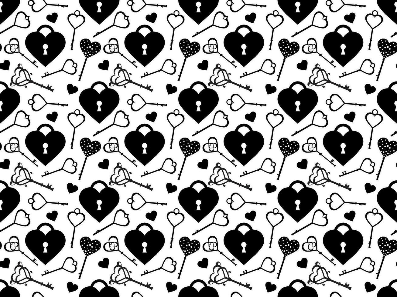 slot vormig harten en skelet sleutels. naadloos patroon. zwart en wit. st. Valentijnsdag dag. liefde. vector