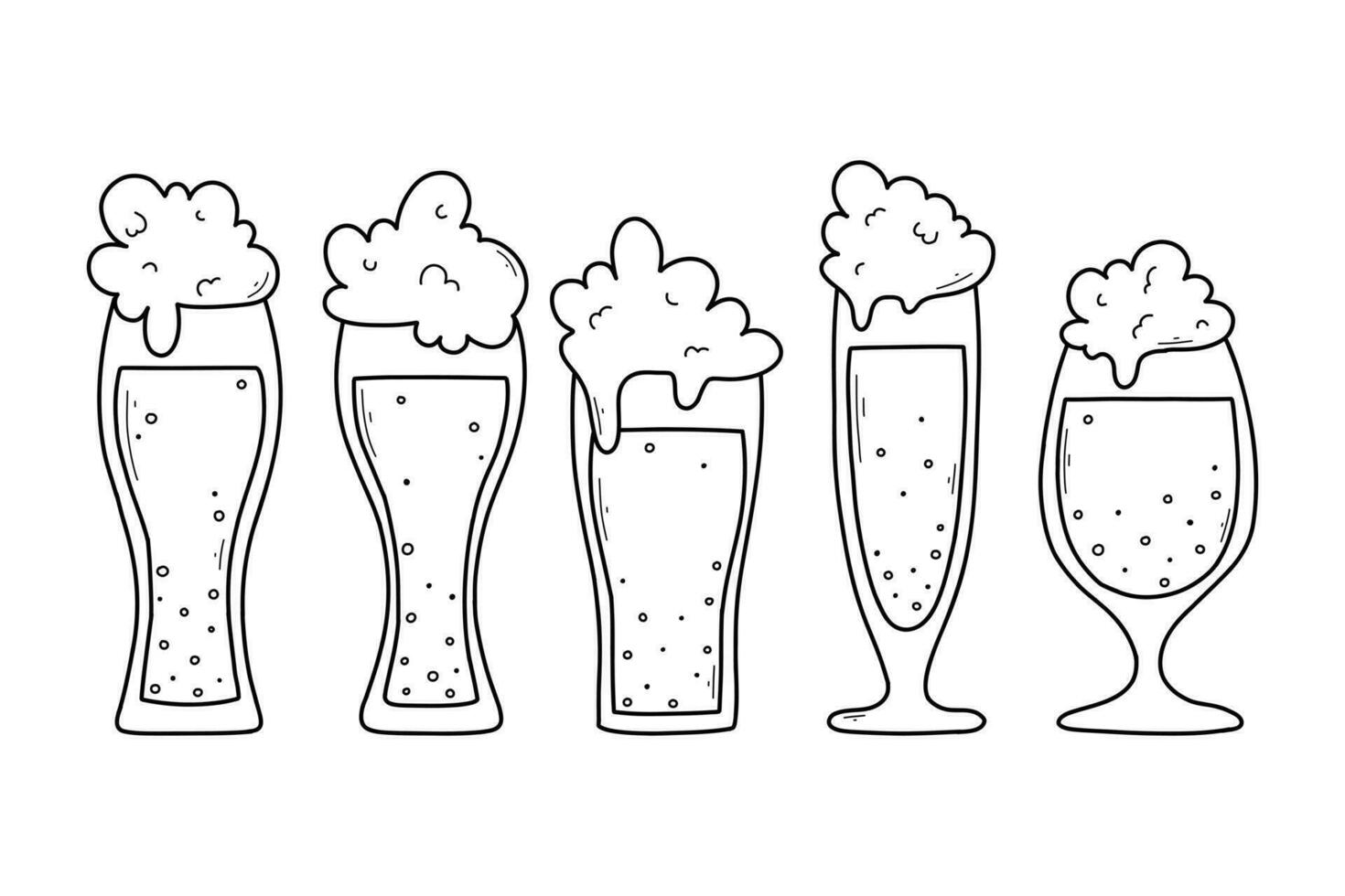 reeks van bril met bier in tekening stijl. vector illustratie. lineair verzameling van schuimend bier.