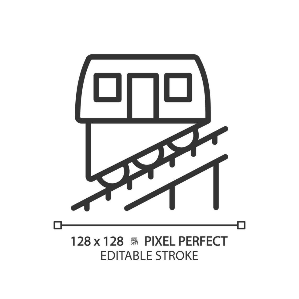 kabelbaan pixel perfect lineair icoon. kabel spoorweg systeem. openbaar vervoer. stedelijk doorvoer. trein rijden. dun lijn illustratie. contour symbool. vector schets tekening. bewerkbare beroerte