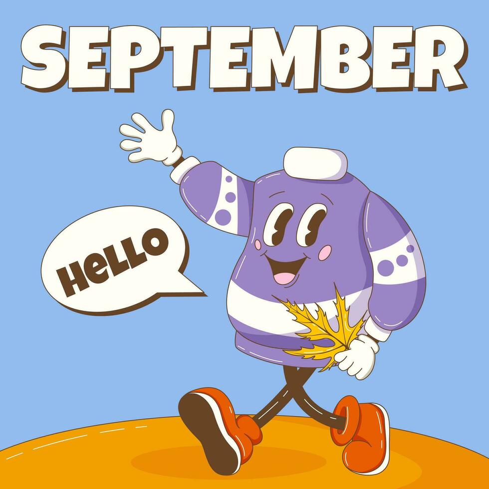 Hallo september. retro groovy trui karakter groeten en Holding een esdoorn- blad. herfst, vallen achtergrond, plein formaat, dialoog doos. vector tekenfilm illustratie.