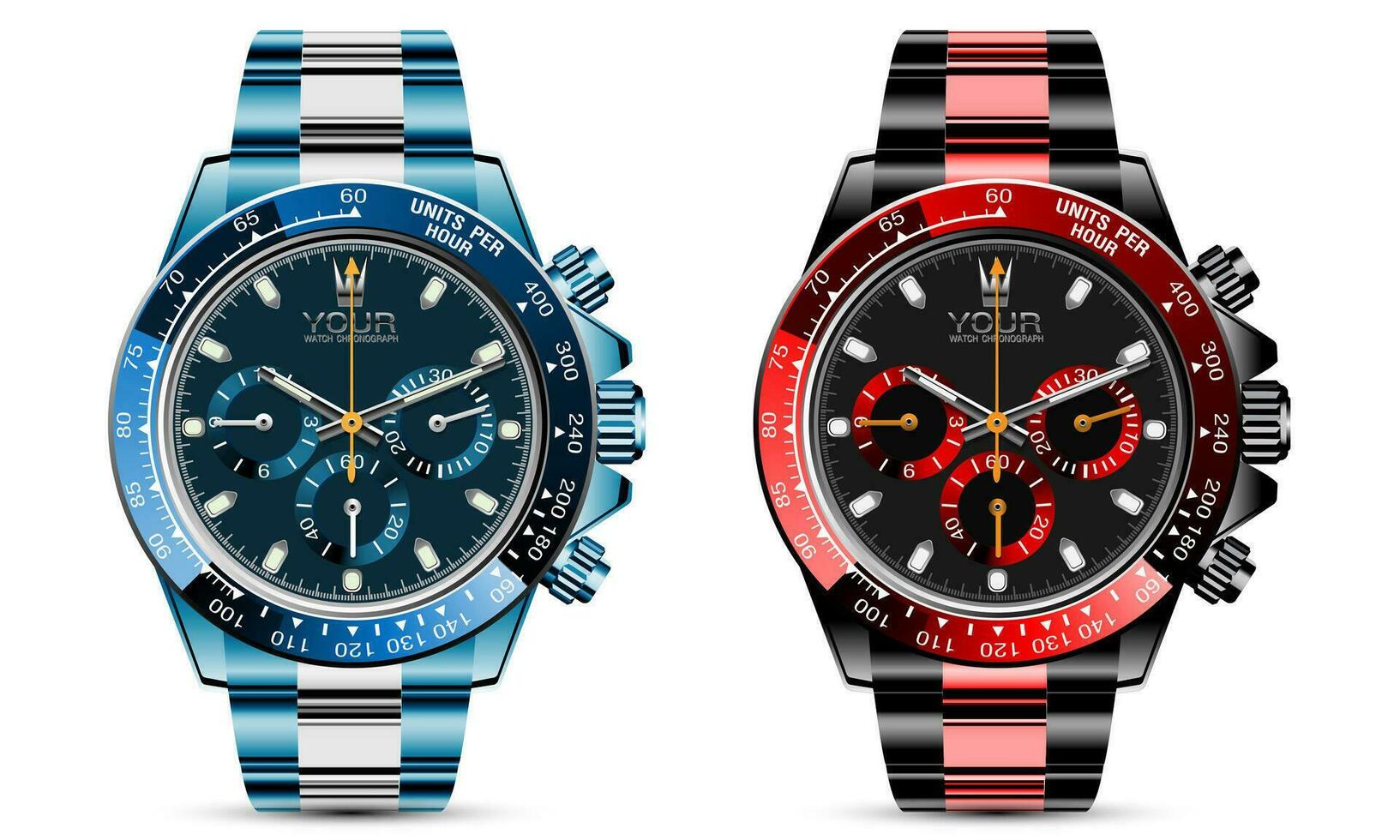 realistisch luxe klok kijk maar chronograaf blauw zilver rood zwart verzameling Aan wit achtergrond vector