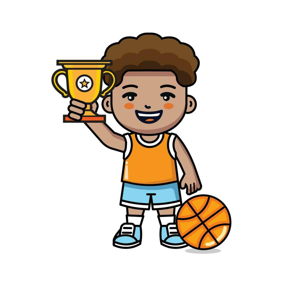 schattig weinig jongen Holding goud trofee tekenfilm met basketbal bal vector illustratie