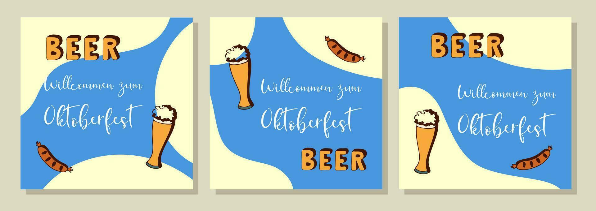 oktoberfeest. bier festival. blauw posters reeks met tekening hand- getrokken en opschrift wilcommen zum oktoberfeest. vector