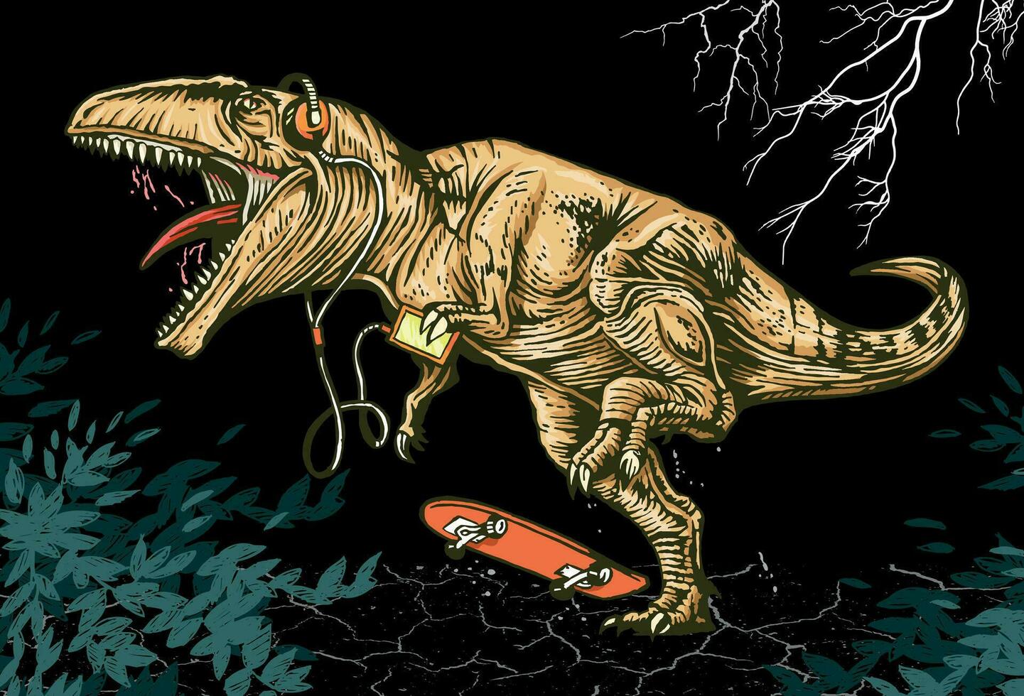 kleurrijk hand- getrokken illustratie van skateboarder tyrannosaurus rex gebruik makend van cel telefoon met hoofdtelefoons vector