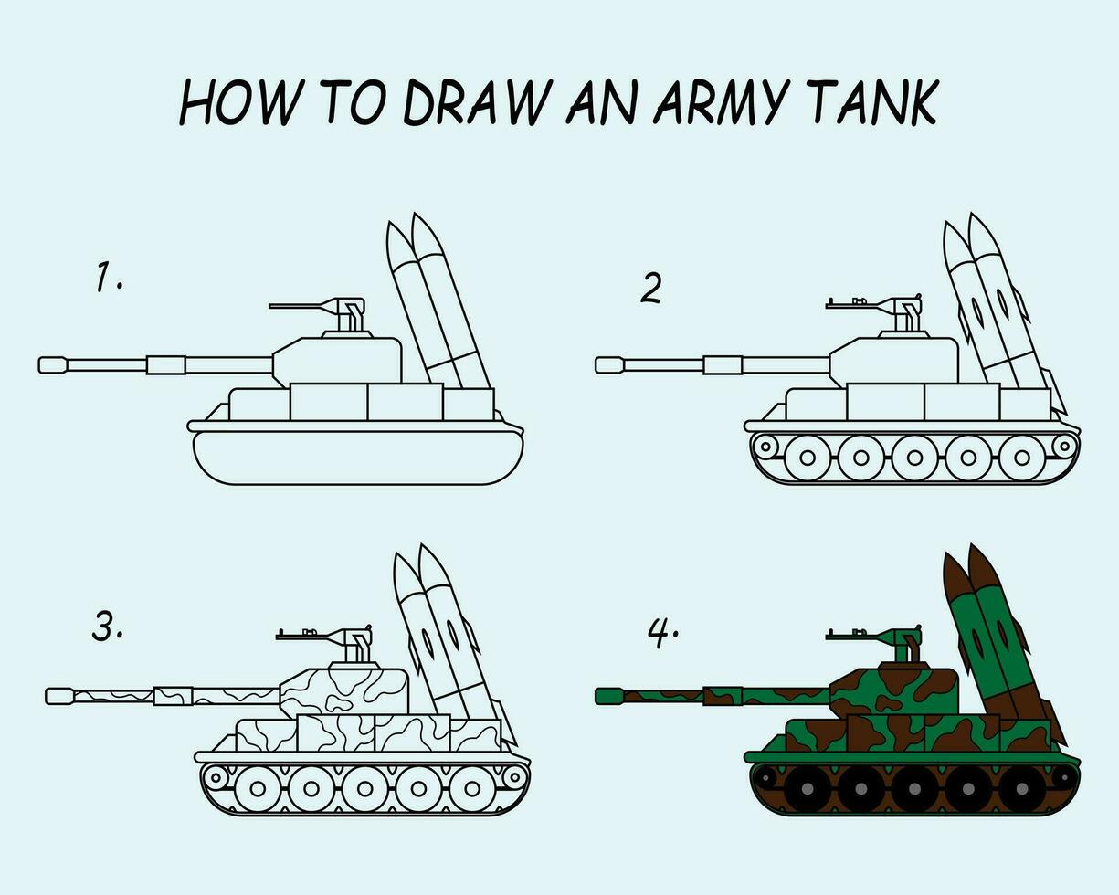 stap door stap naar trek een tank. tekening zelfstudie een tank. tekening les voor kinderen. vector illustratie