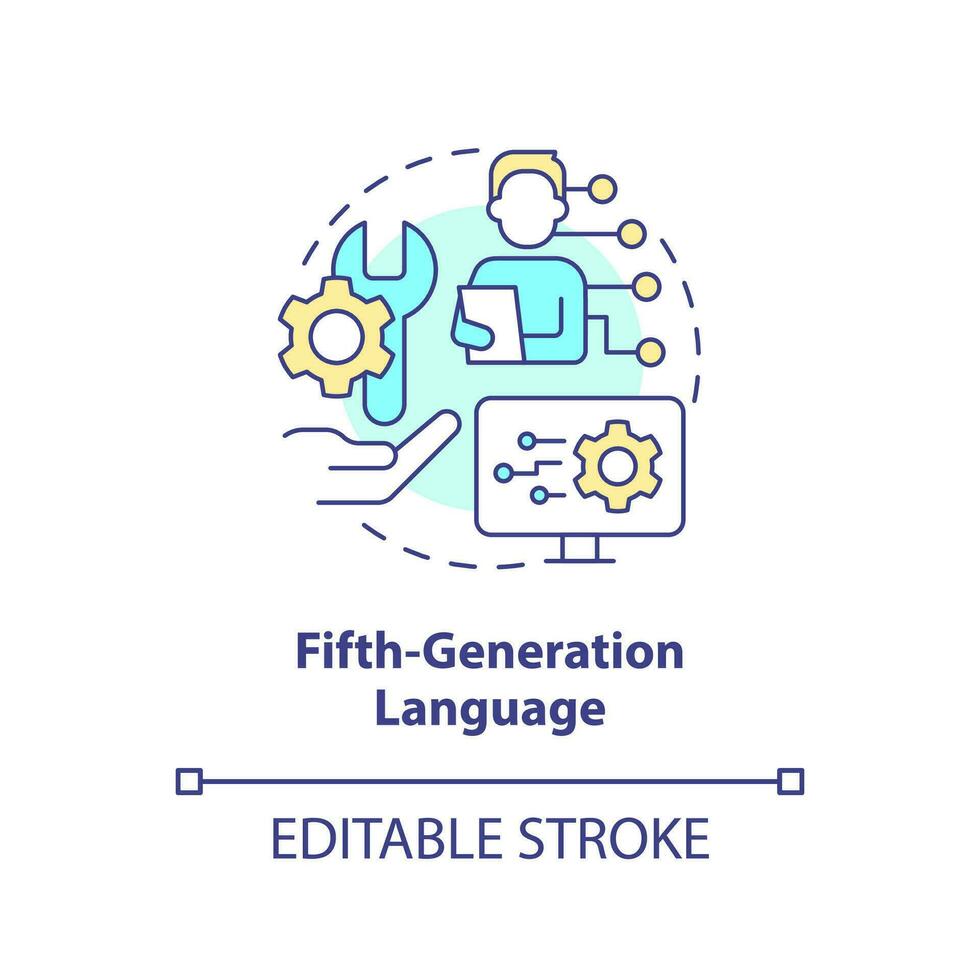 vijfde generatie programmering taal concept icoon. Cadeau computer met probleem abstract idee dun lijn illustratie. geïsoleerd schets tekening. bewerkbare beroerte vector