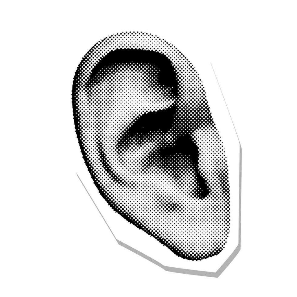 dichtbij omhoog menselijk oor sticker. halftone een deel van lichaam. 90s vector illustratie.