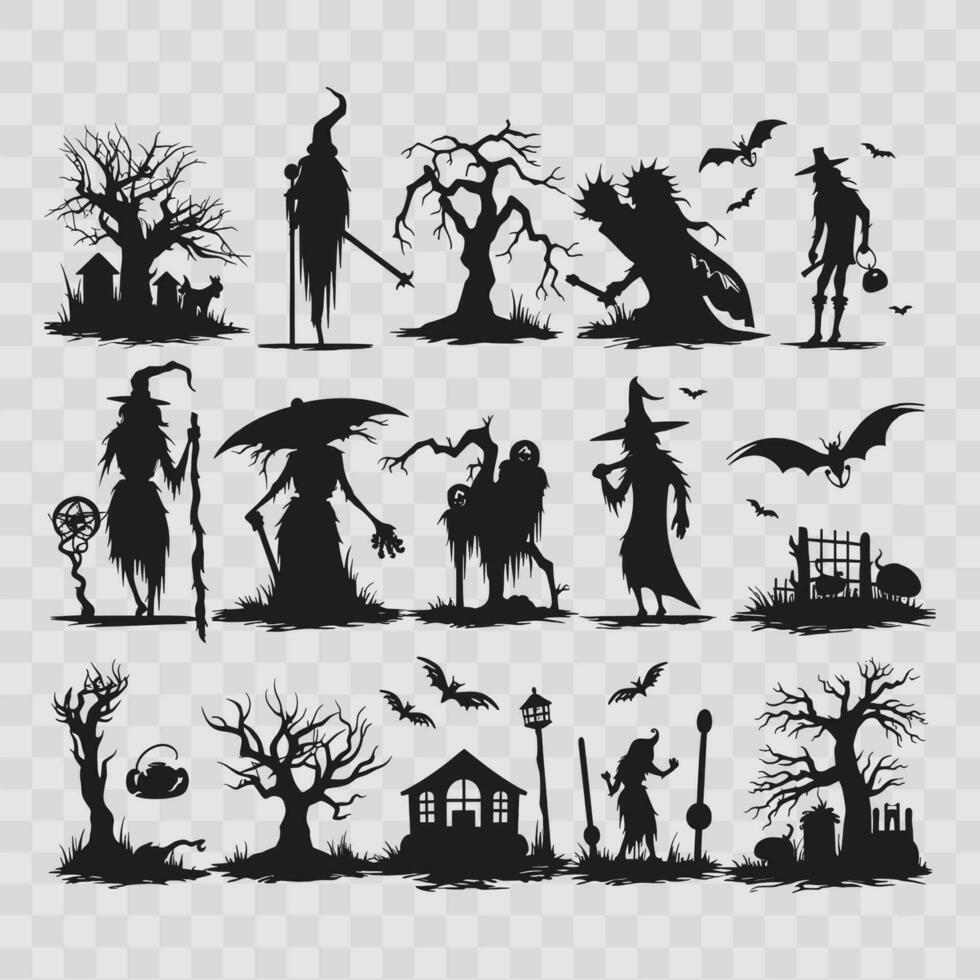 reeks van halloween element griezelig huis, knuppel, heks silhouet vector