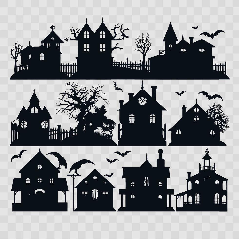 reeks van halloween element griezelig huis, knuppel, heks silhouet vector
