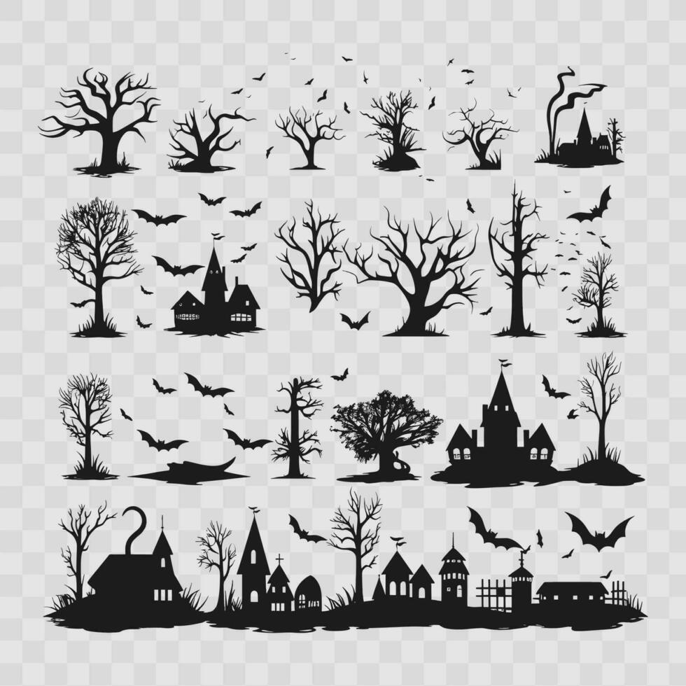 reeks van halloween element griezelig huis, knuppel, heks silhouet vector