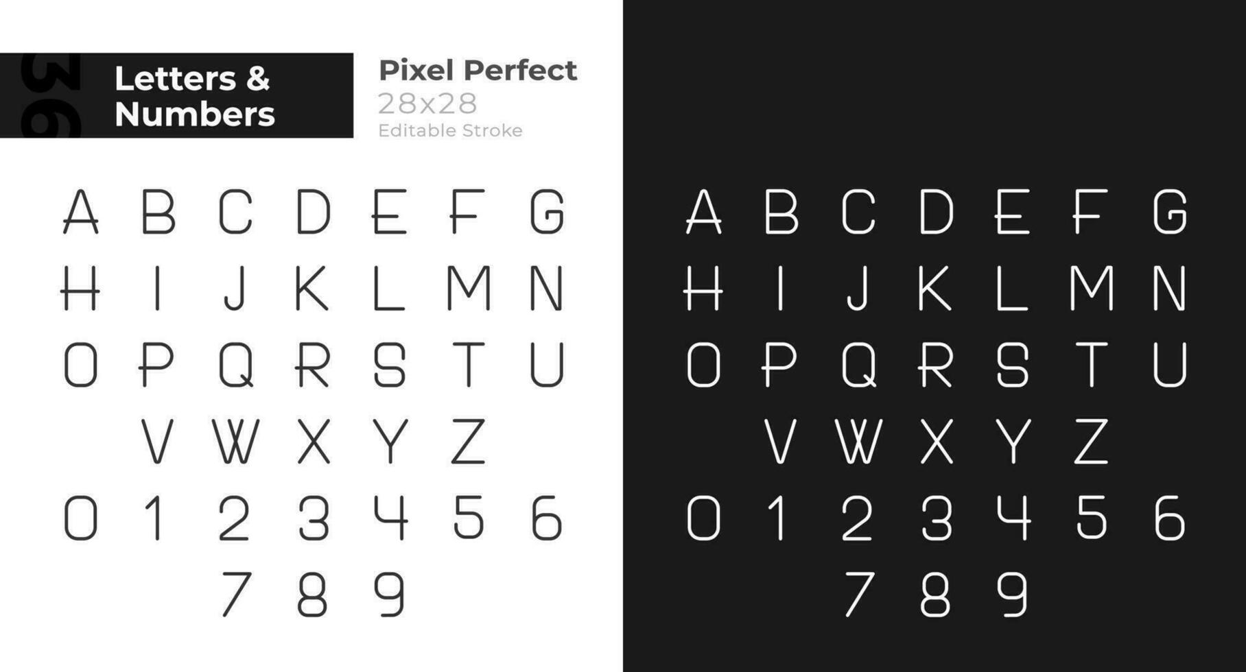 getallen en brieven pixel perfect lineair pictogrammen reeks voor donker, licht modus. onderwijs. dun lijn symbolen voor nacht, dag thema. geïsoleerd illustraties. bewerkbare beroerte vector