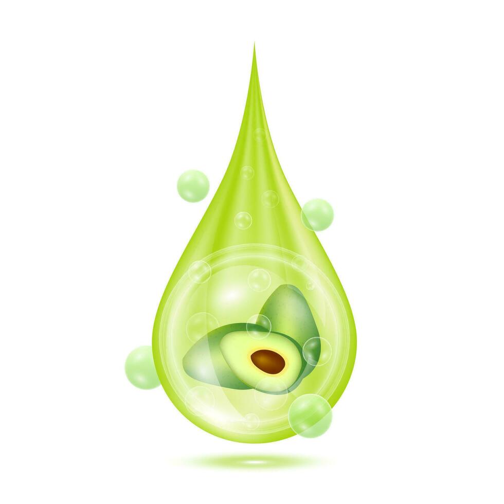 avocado binnen water druppels groen geïsoleerd Aan wit achtergrond. laten vallen vitamines en collageen biologisch anti veroudering serum. fruit zuur Product. voor natuurlijk eco huid zorg kunstmatig. realistisch 3d vector. vector