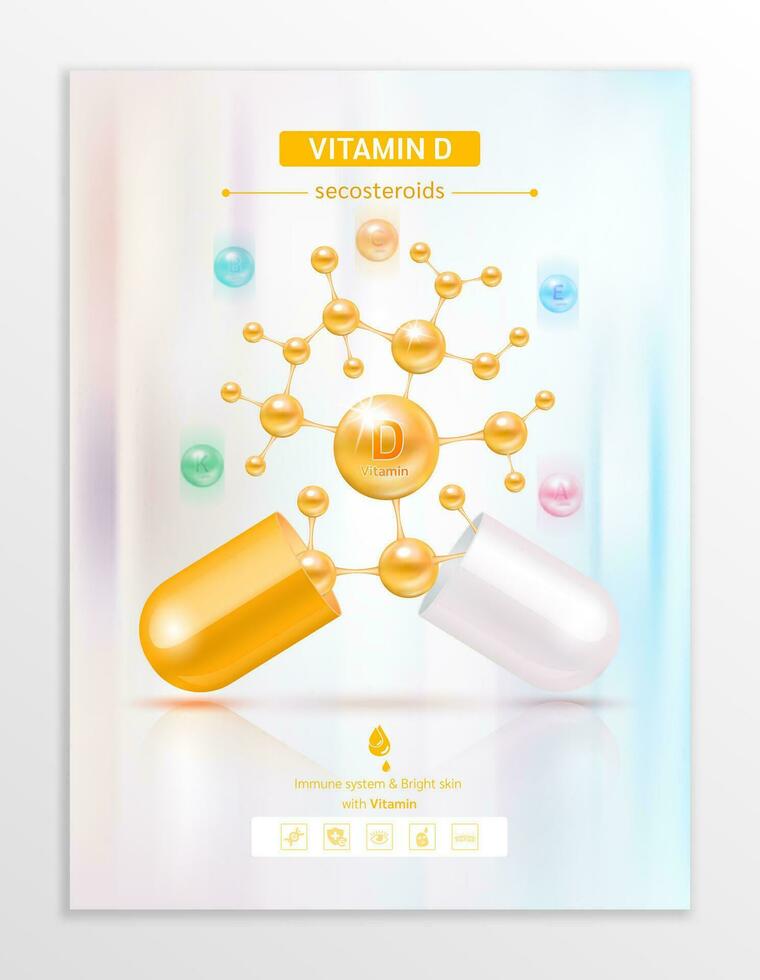 vitamine d oranje in capsule. essentieel vitamines complex en mineralen in moleculair het formulier. dieet supplement voor apotheek advertentie. poster banier ontwerp voor klinieken. medisch concept. vector eps10.
