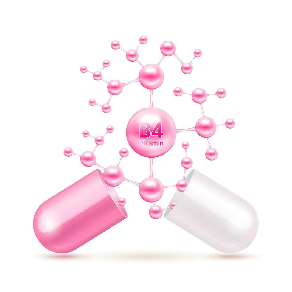 vitamine b4 roze in capsule. vitamines complex en mineralen in moleculair het formulier. dieet supplement voor apotheek advertentie. wetenschap medisch concept. geïsoleerd Aan wit achtergrond. vector eps10.