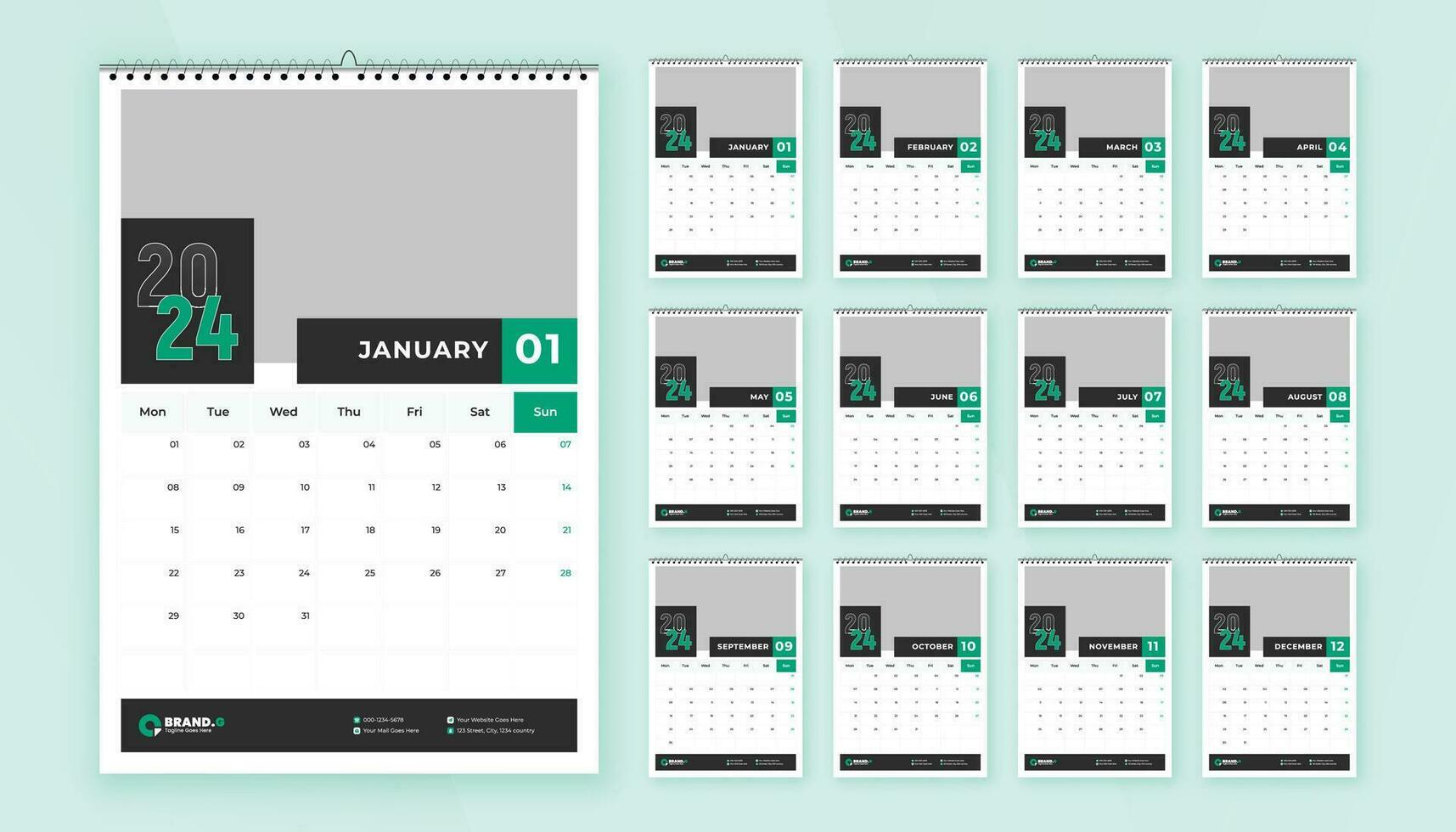 maandelijks kalender sjabloon ontwerp voor 2024 jaar. week begint Aan maandag. muur kalender in een minimalistische en creatief stijl. vector