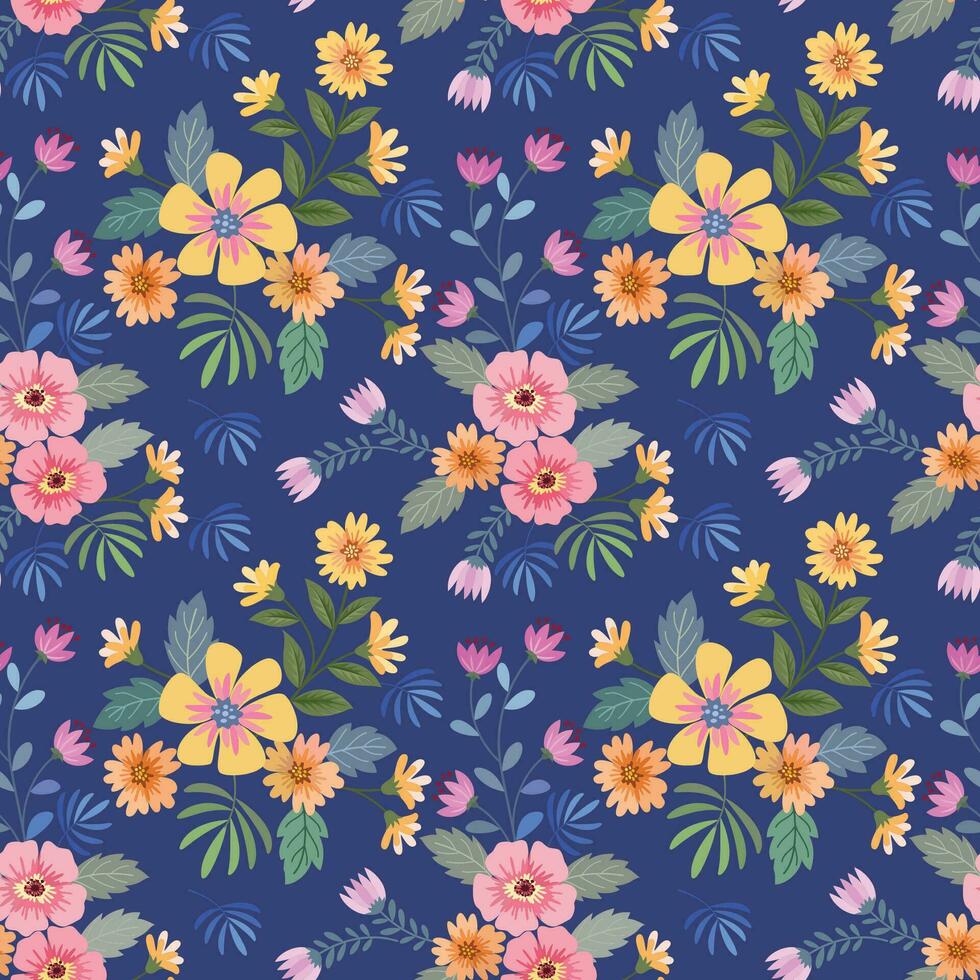 schattig kleurrijk bloemen Aan donker blauw kleur naadloos patroon. vector