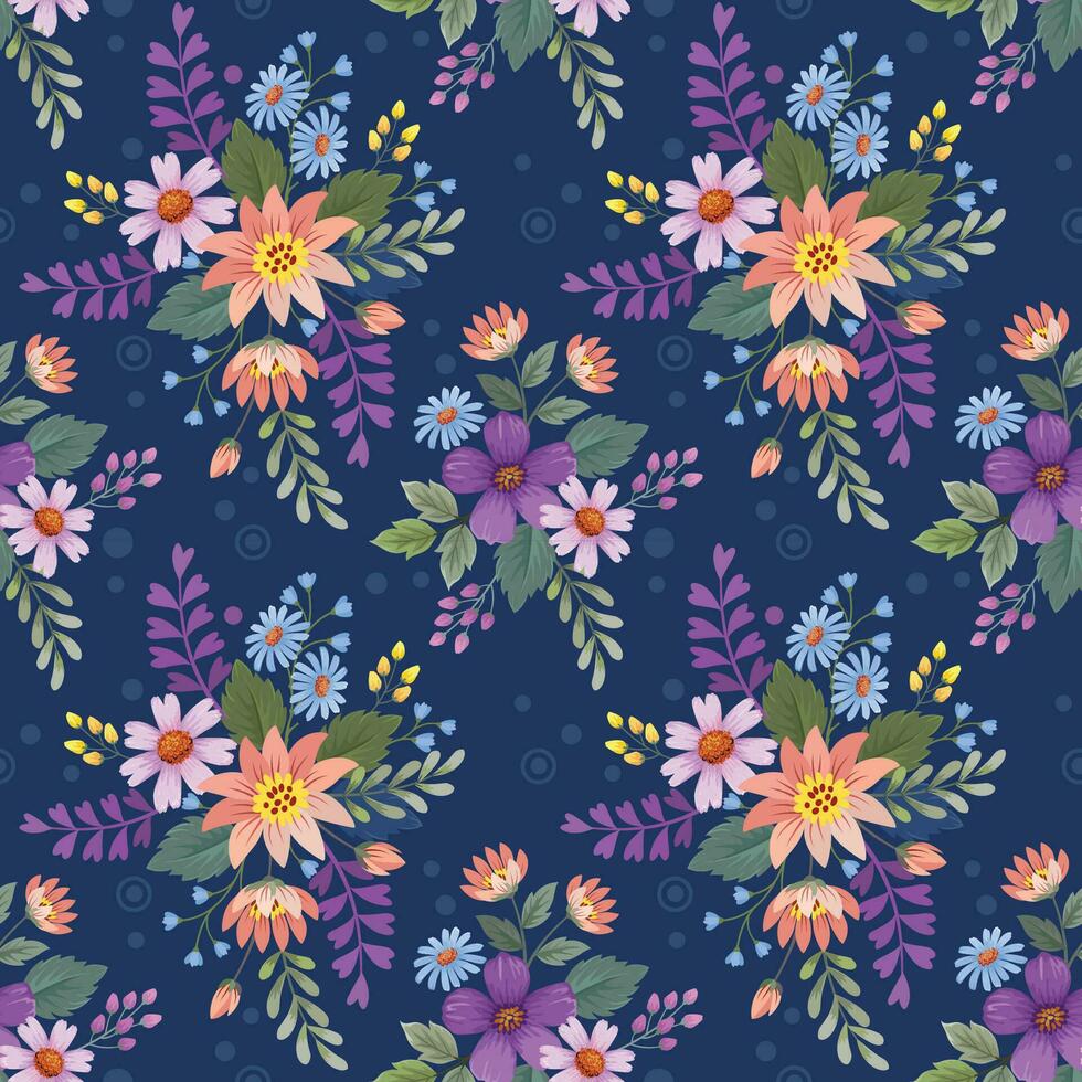 schattig kleurrijk bloemen Aan donker blauw kleur naadloos patroon. vector