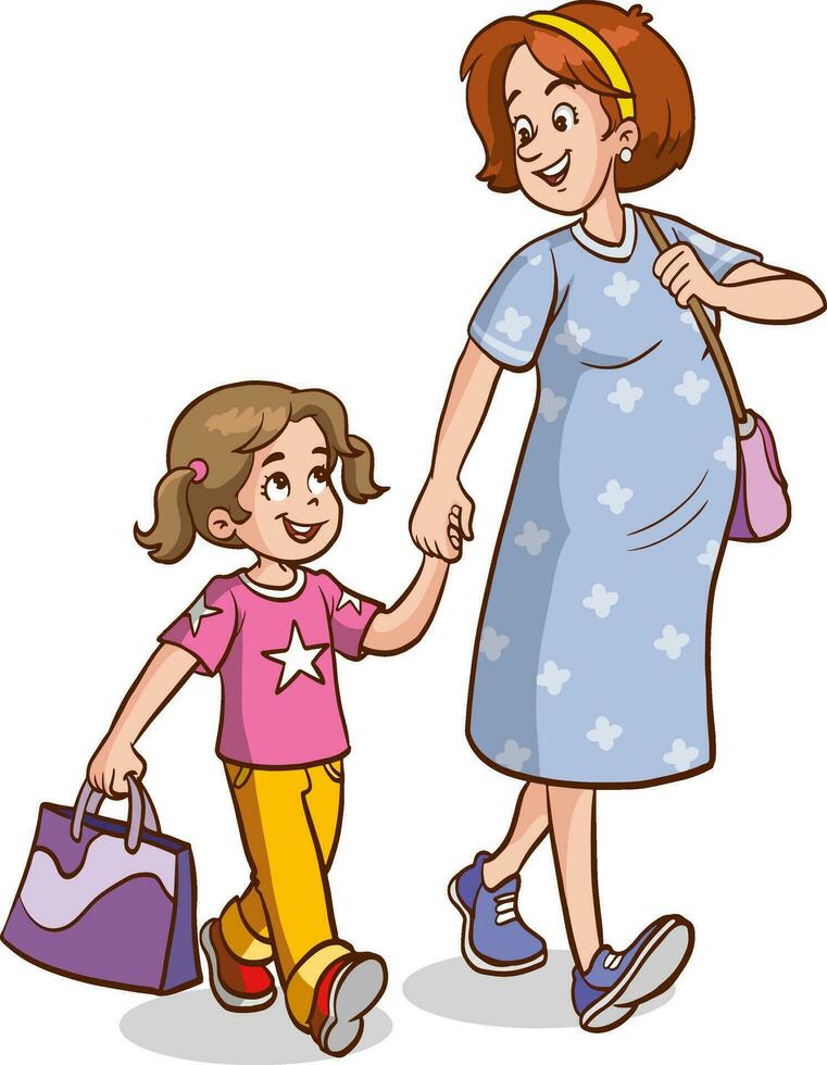 moeder en baby meisje kind wandelen hand- in hand, Holding handen. moeder Leidt, nemen haar kind dochter met een rugzak Aan haar schouders naar school. kind houdt mama's hand. mam houdt haar van dochter hand. vector