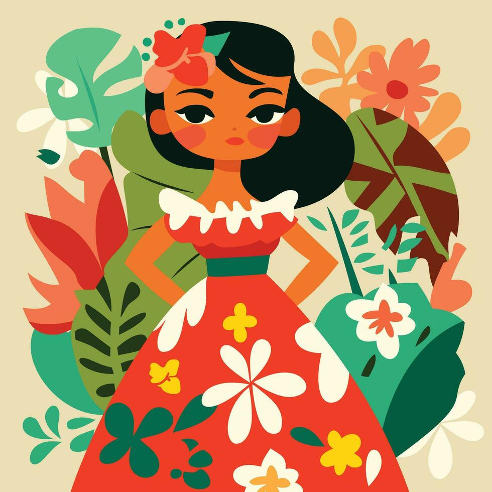 schattig gelukkig hawaiiaans meisje met bloemen achtergrond vector