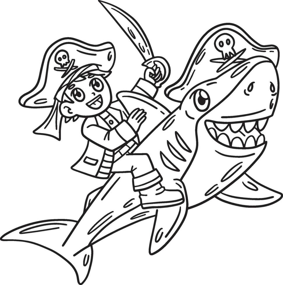 piraat en haai geïsoleerd kleur bladzijde voor kinderen vector