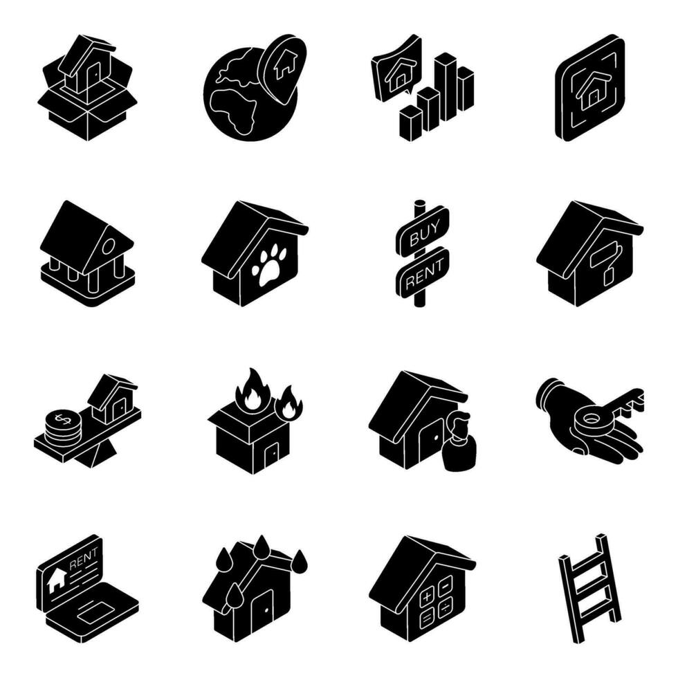 pak van eigendom en gebouw solide pictogrammen vector