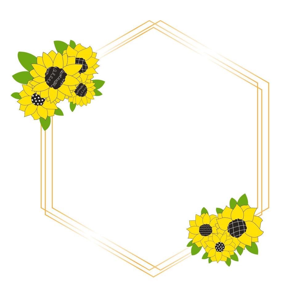 schattig goud geïsoleerd zeshoek frame met zonnebloemen voor een bruiloft uitnodiging gelukkige verjaardag lijn vectorillustratie van doodles doodle vector