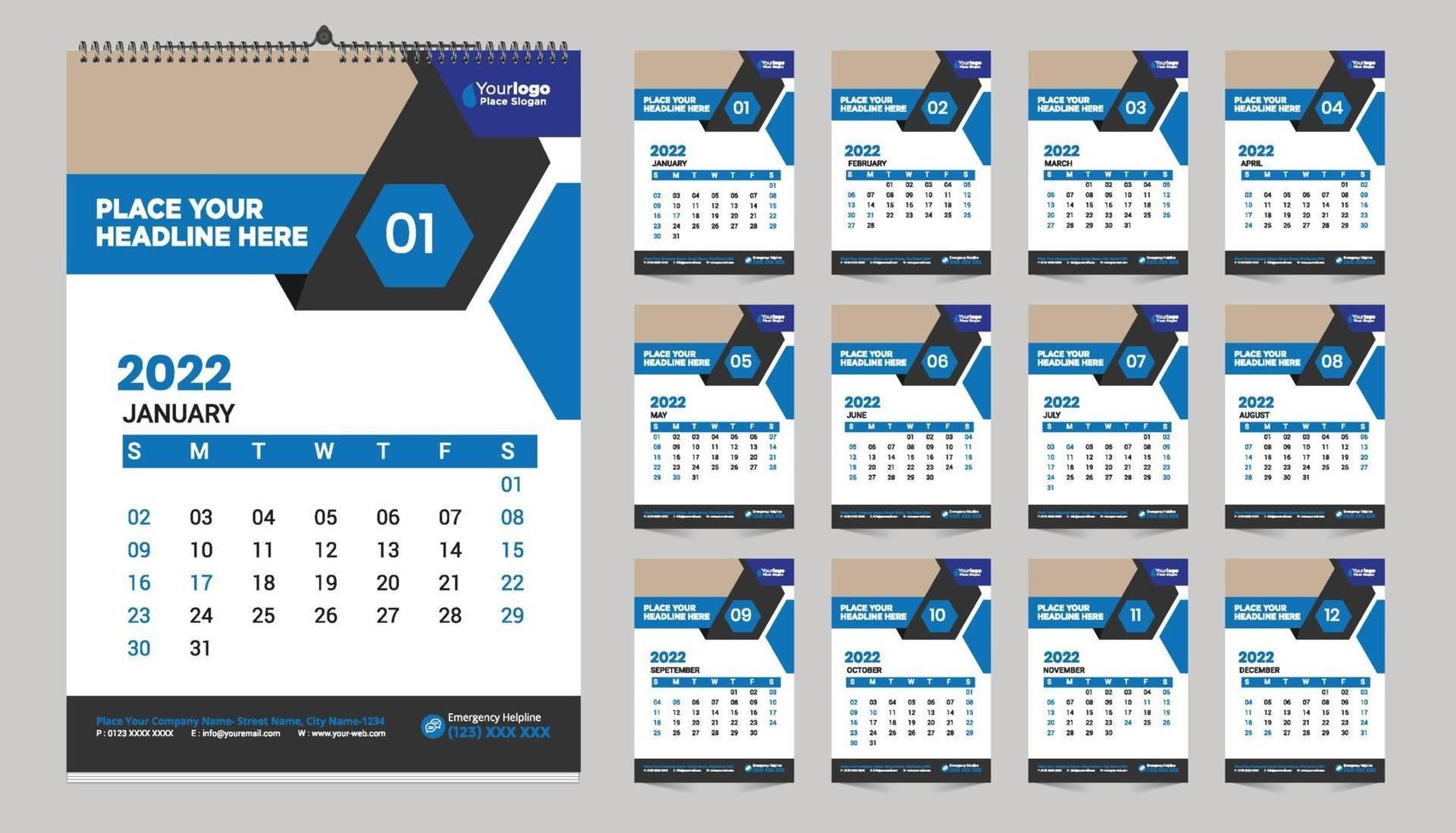 gratis wandkalender 2022 sjabloonontwerpidee, kalender 2022, vector