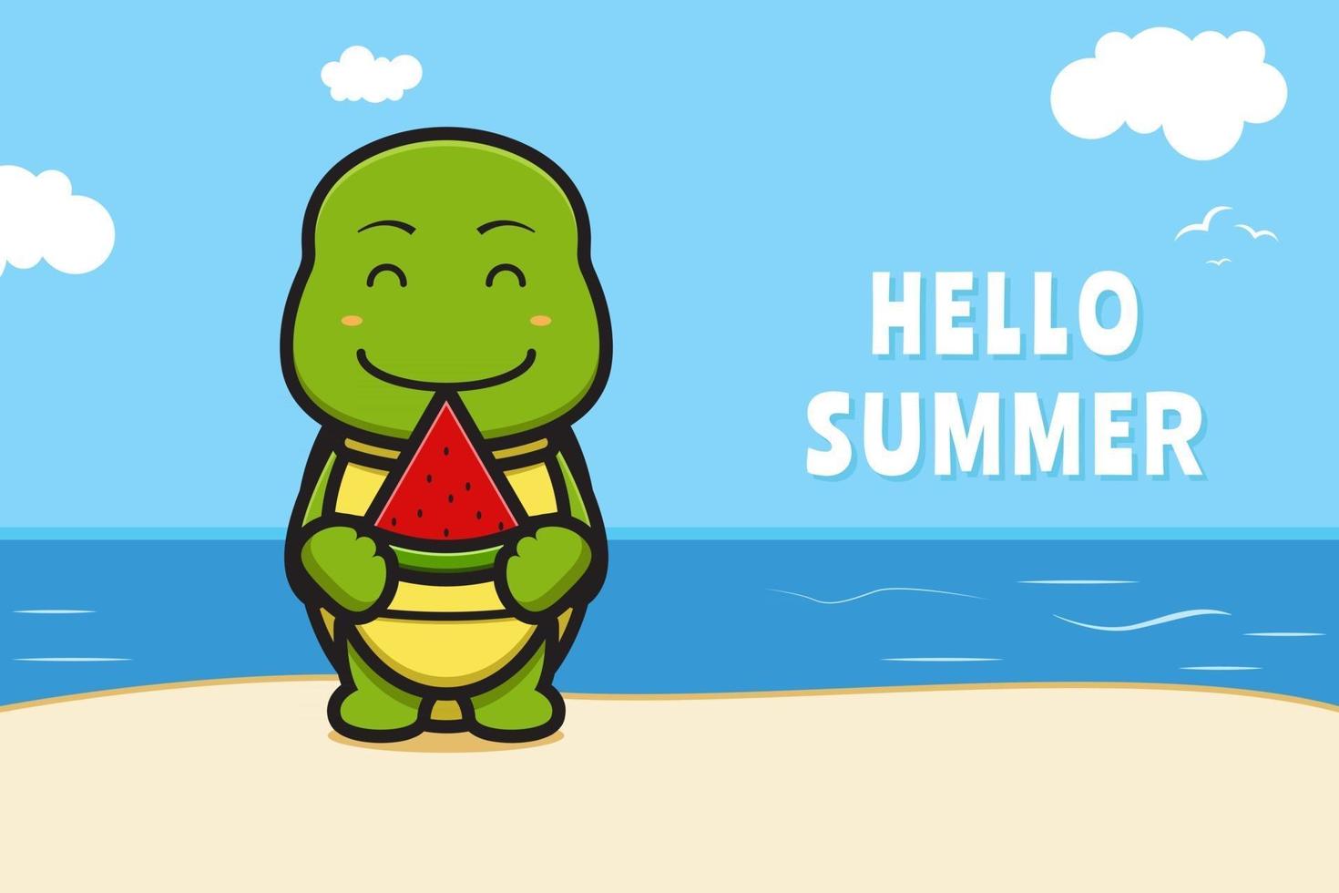 schattige schildpad met watermeloen met een zomerse groet banner cartoon vector pictogram illustratie vector