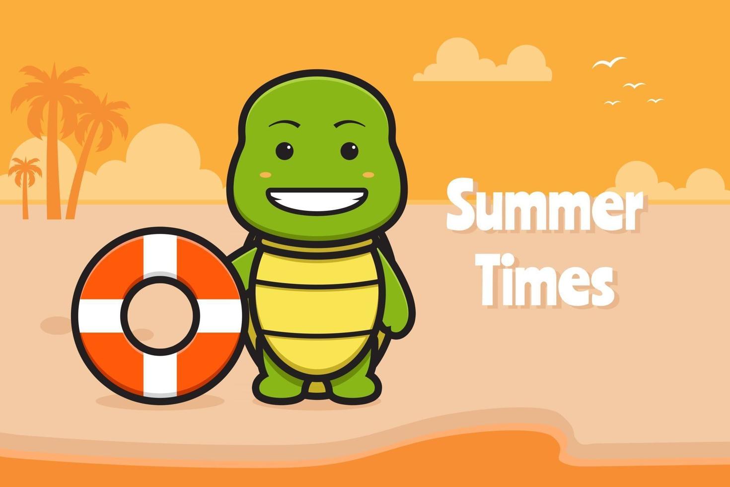 schattige schildpad met zwemring met een zomerse groet banner cartoon vector pictogram illustratie