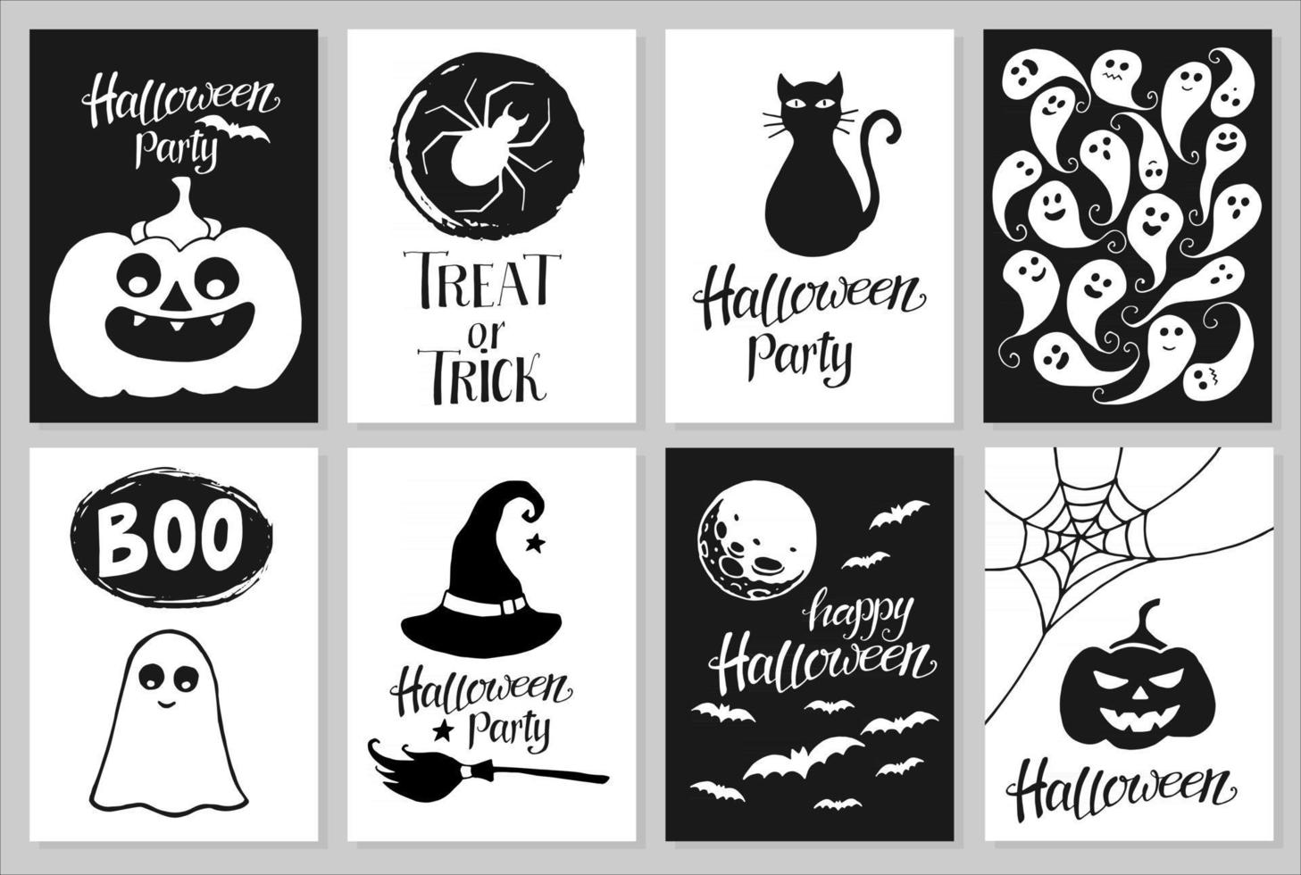 set handgetekende halloween-feestuitnodigingen of wenskaarten met handgeschreven kalligrafie en traditionele symbolen. vectorillustratie. vector