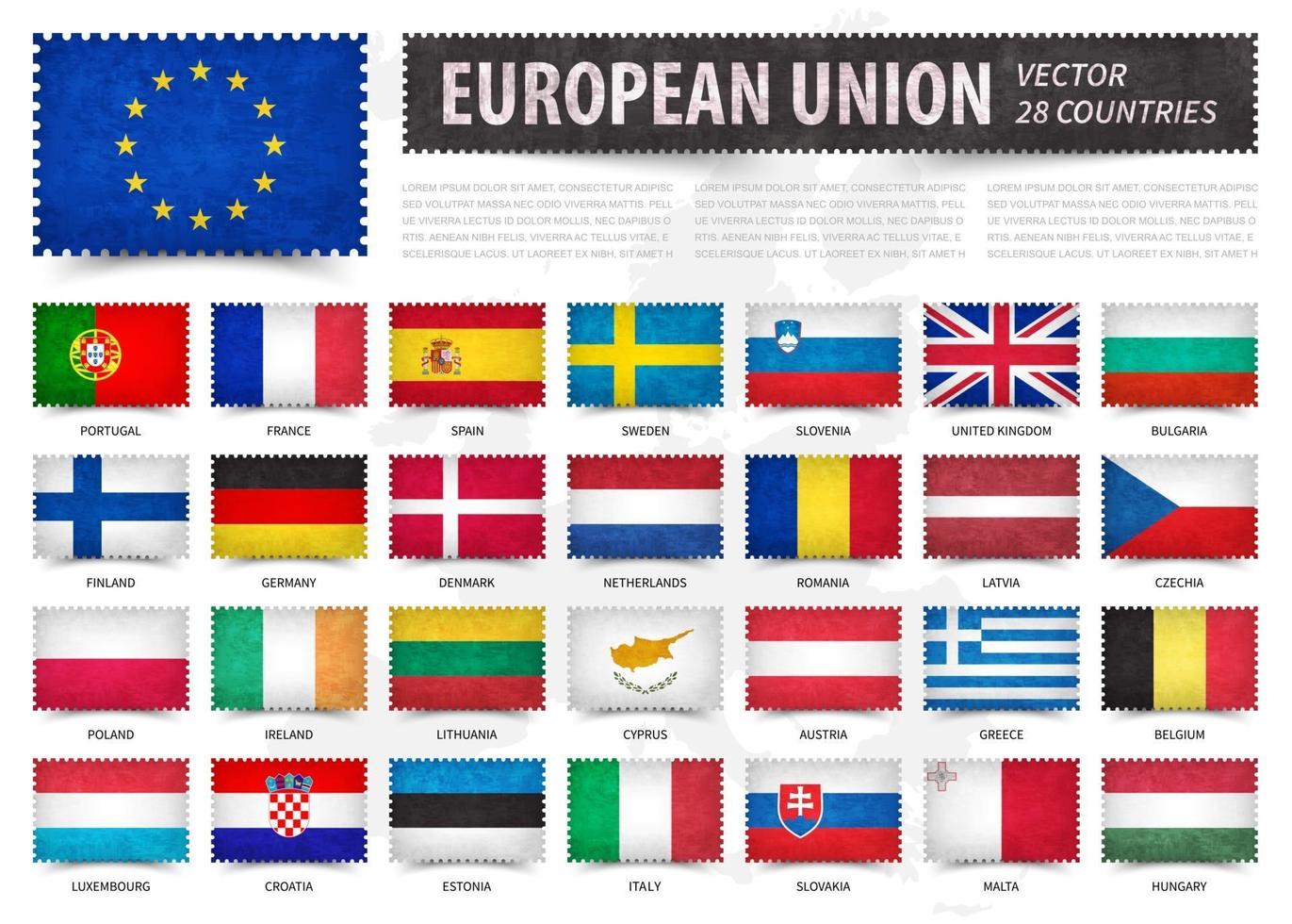 Europeese Unie . EU . en lidmaatschap land vlag. stempel vorm met grunge papier textuur. witte geïsoleerde achtergrond met europa kaart. elementenvector. vector